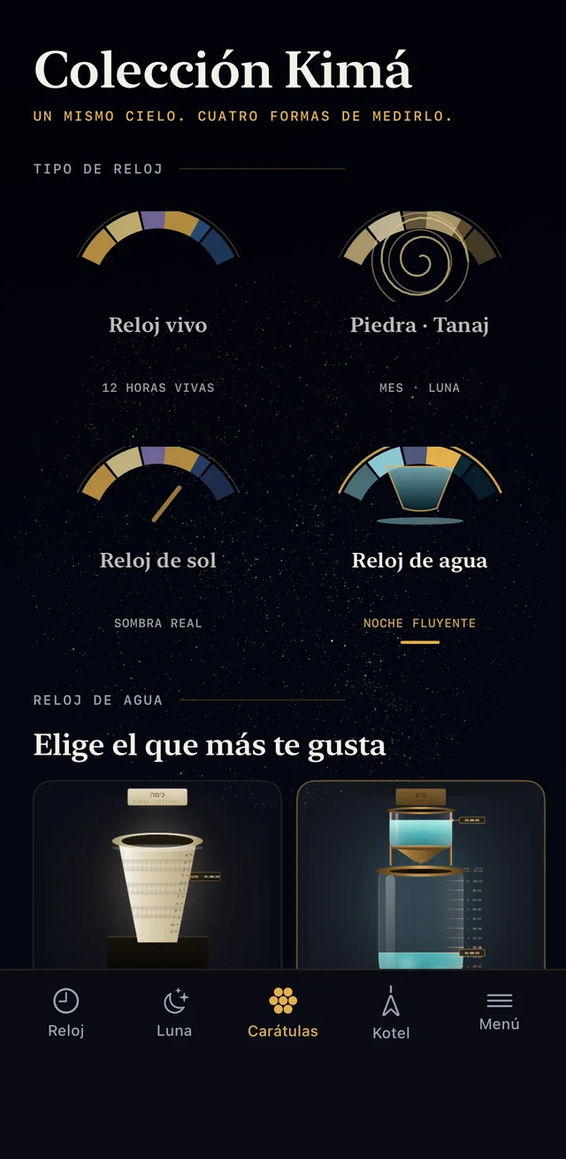 Colección Kimá: reloj vivo, piedra, sol y agua, con colores de corona