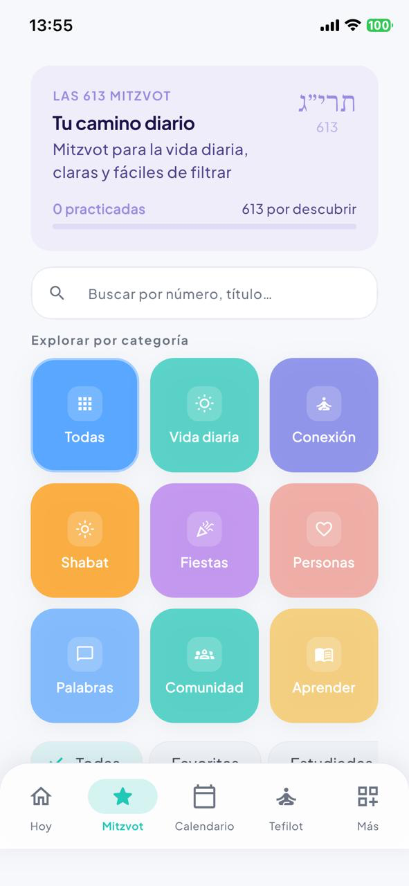 Pantalla Mitzvot con categorías