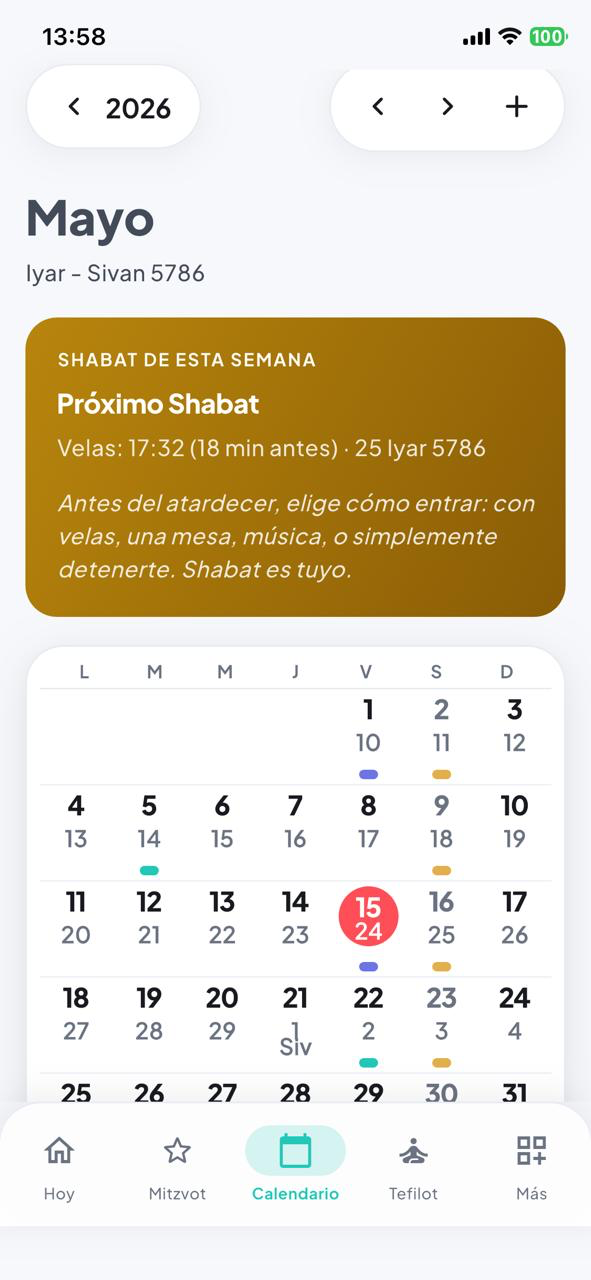 Calendario hebreo y gregoriano con grilla mensual