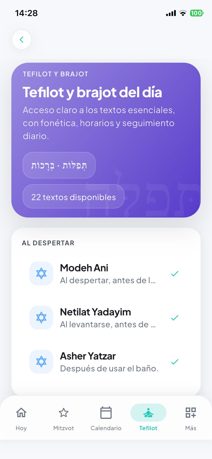 Tefilot y brajot del día con lista organizada por momento