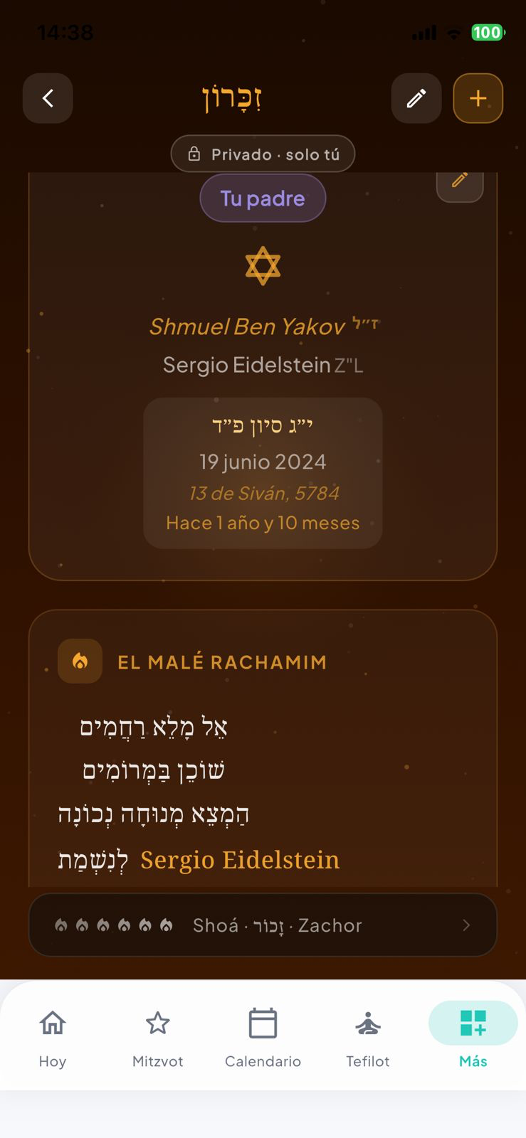 Yahrzeit personal — Tu padre Sergio Eidelstein con El Malé Rachamim